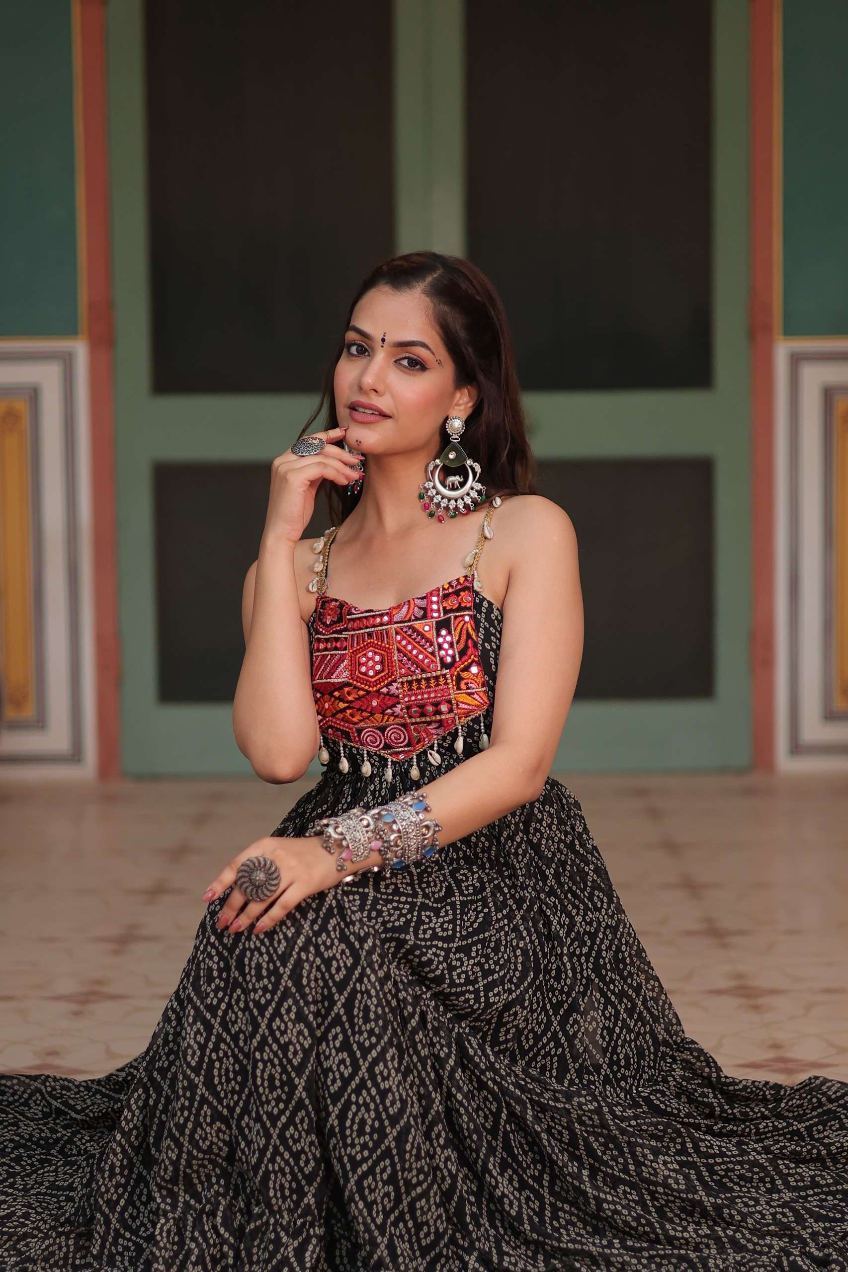 KHUSHI-1119 Bandhani Print work with kutchi patchework in Faux Georgette gown