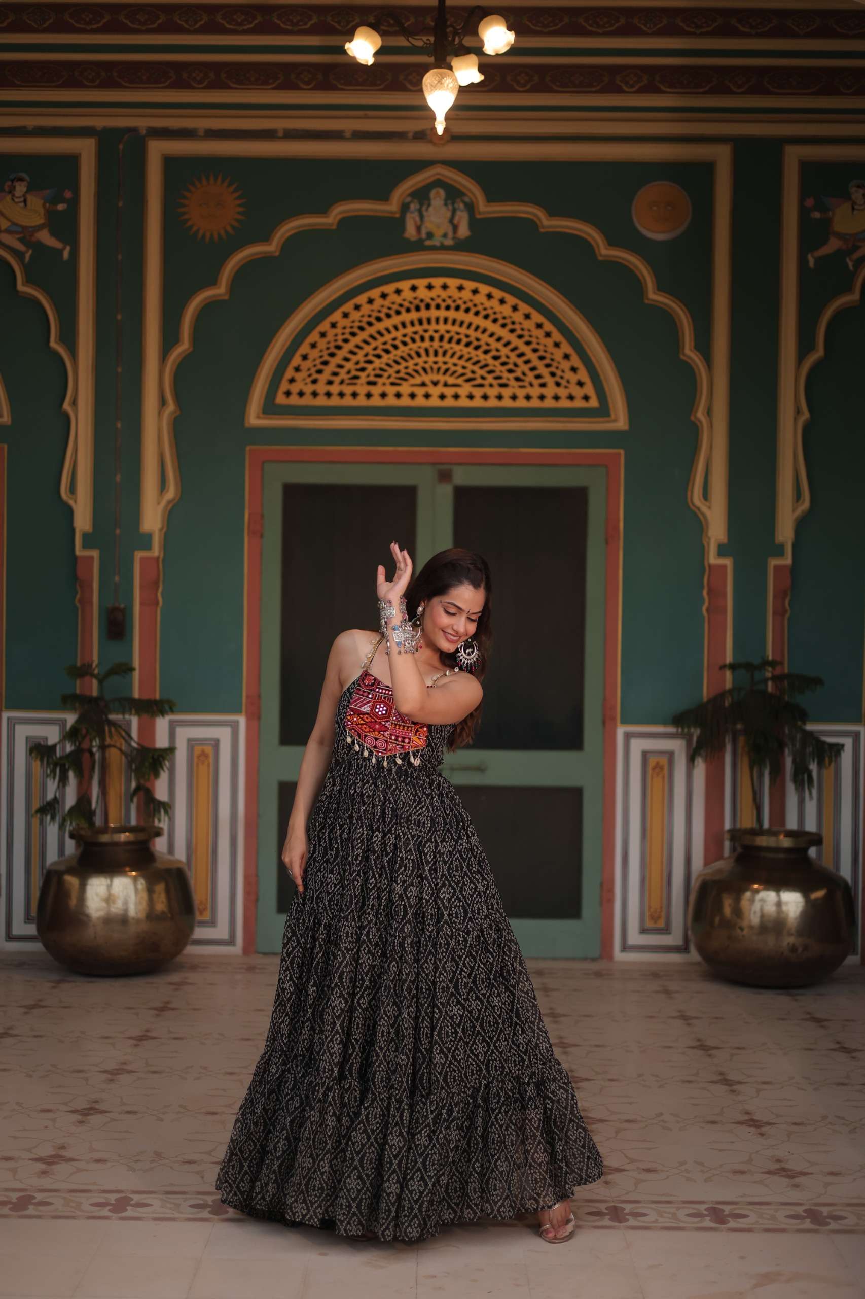 KHUSHI-1119 Bandhani Print work with kutchi patchework in Faux Georgette gown