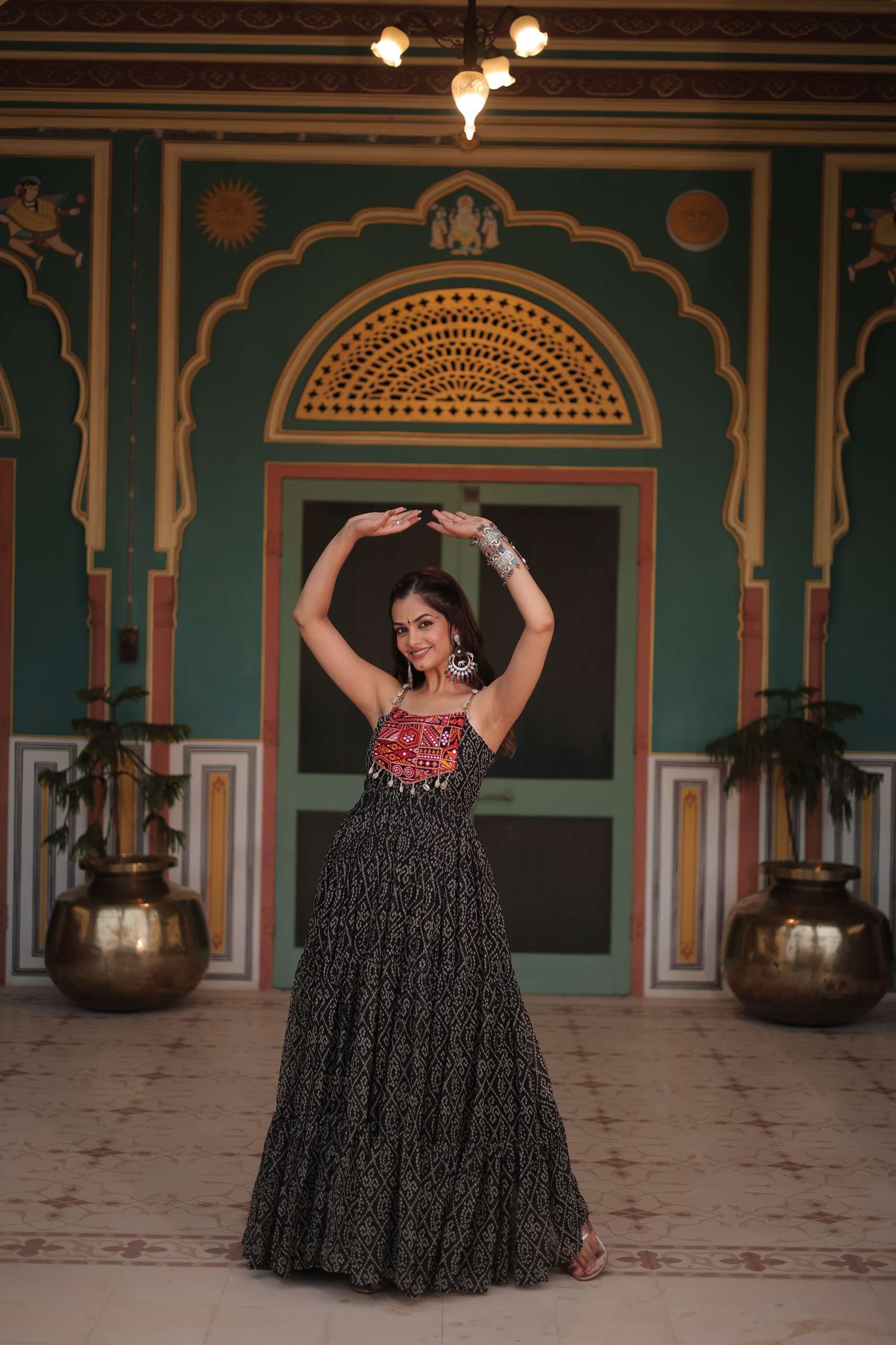 KHUSHI-1119 Bandhani Print work with kutchi patchework in Faux Georgette gown