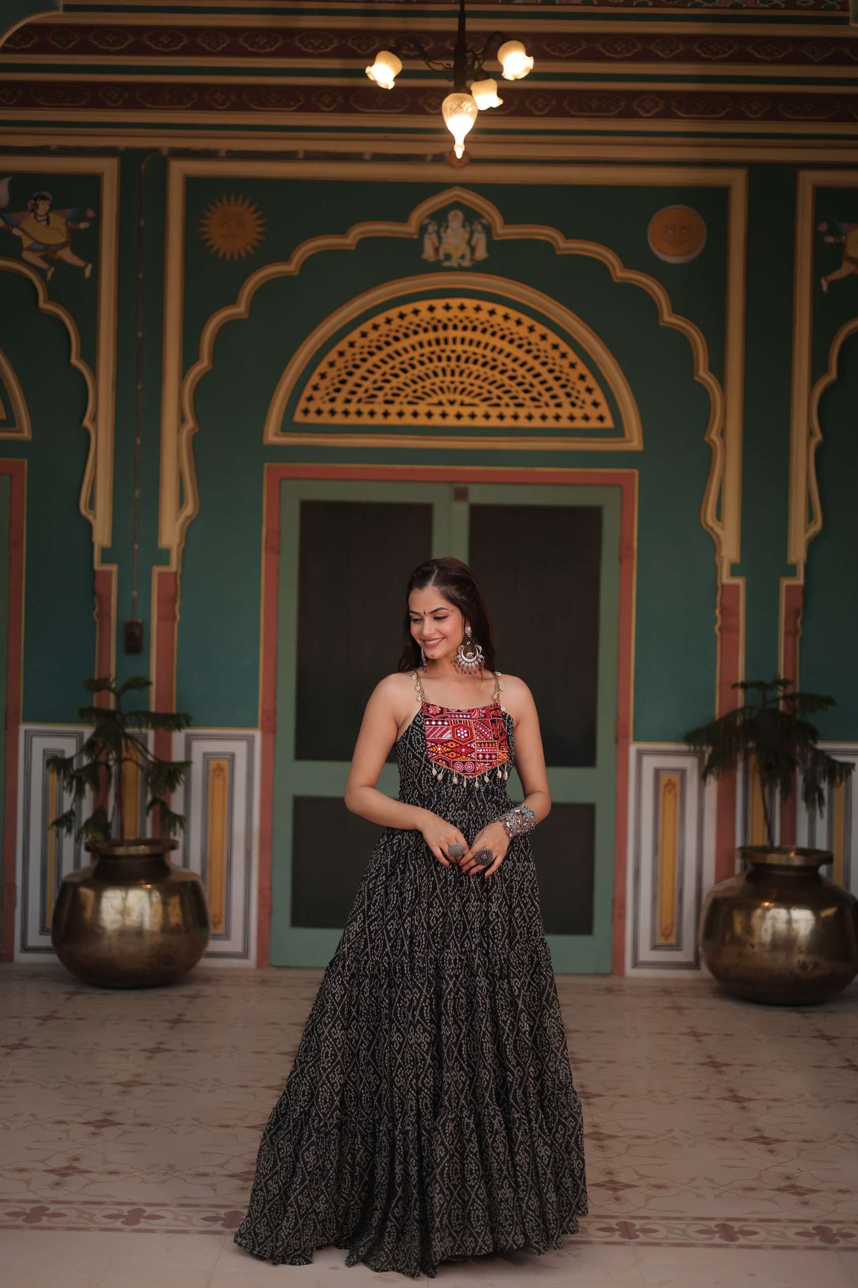 KHUSHI-1119 Bandhani Print work with kutchi patchework in Faux Georgette gown
