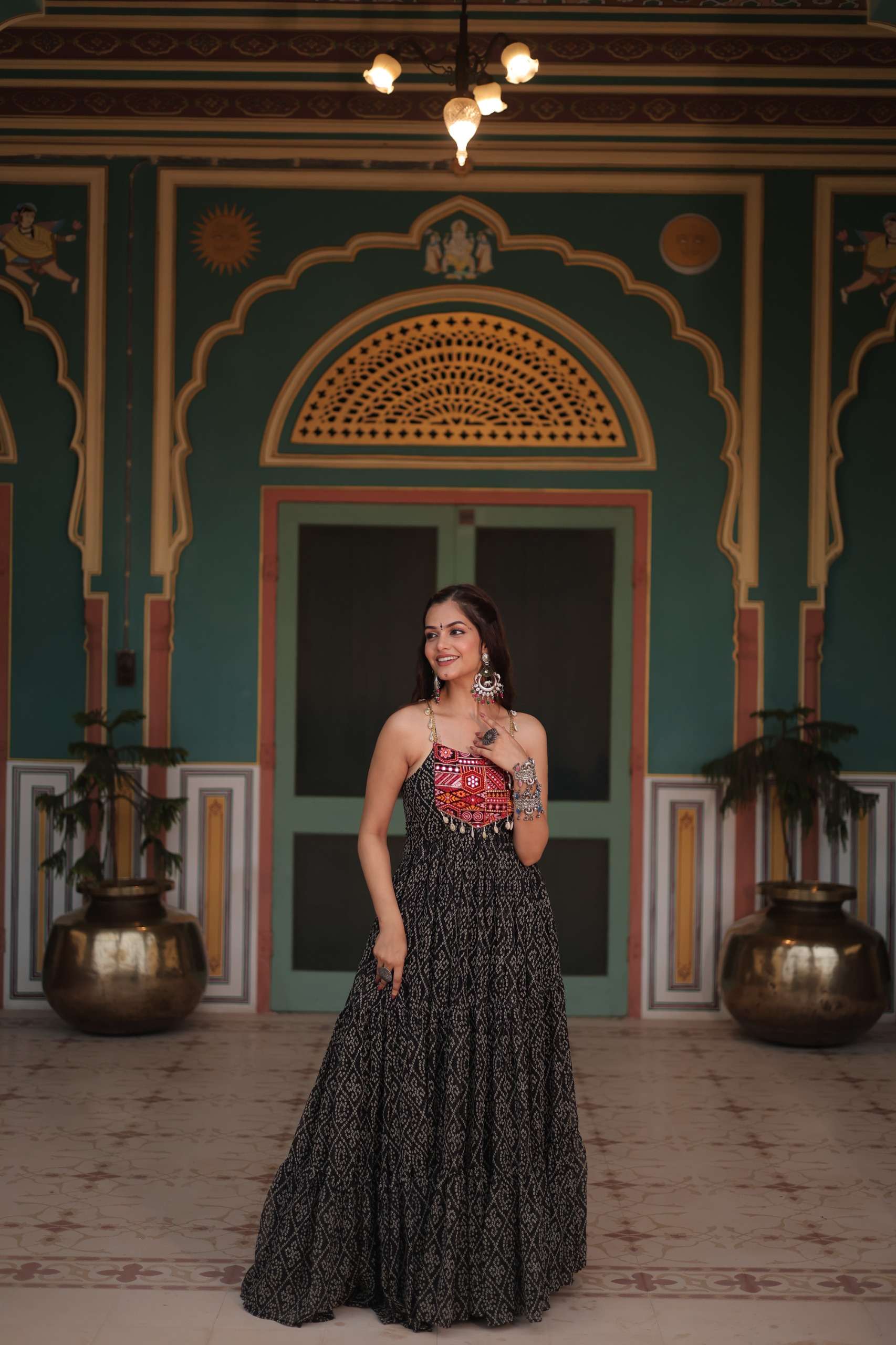 KHUSHI-1119 Bandhani Print work with kutchi patchework in Faux Georgette gown
