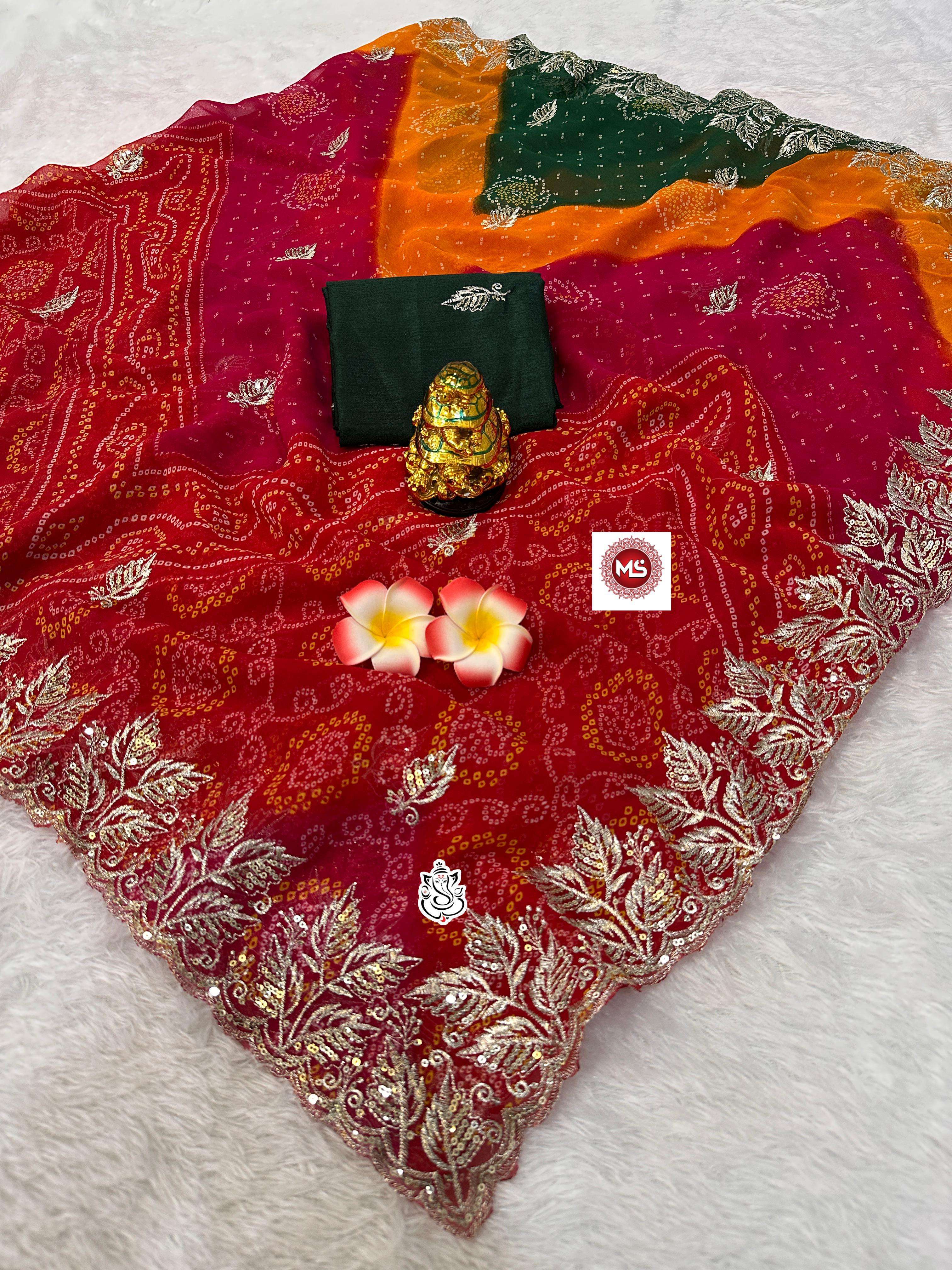 MS BRAND soft georgette  bhandhini print saree with heavy c-pallu seqance zari work