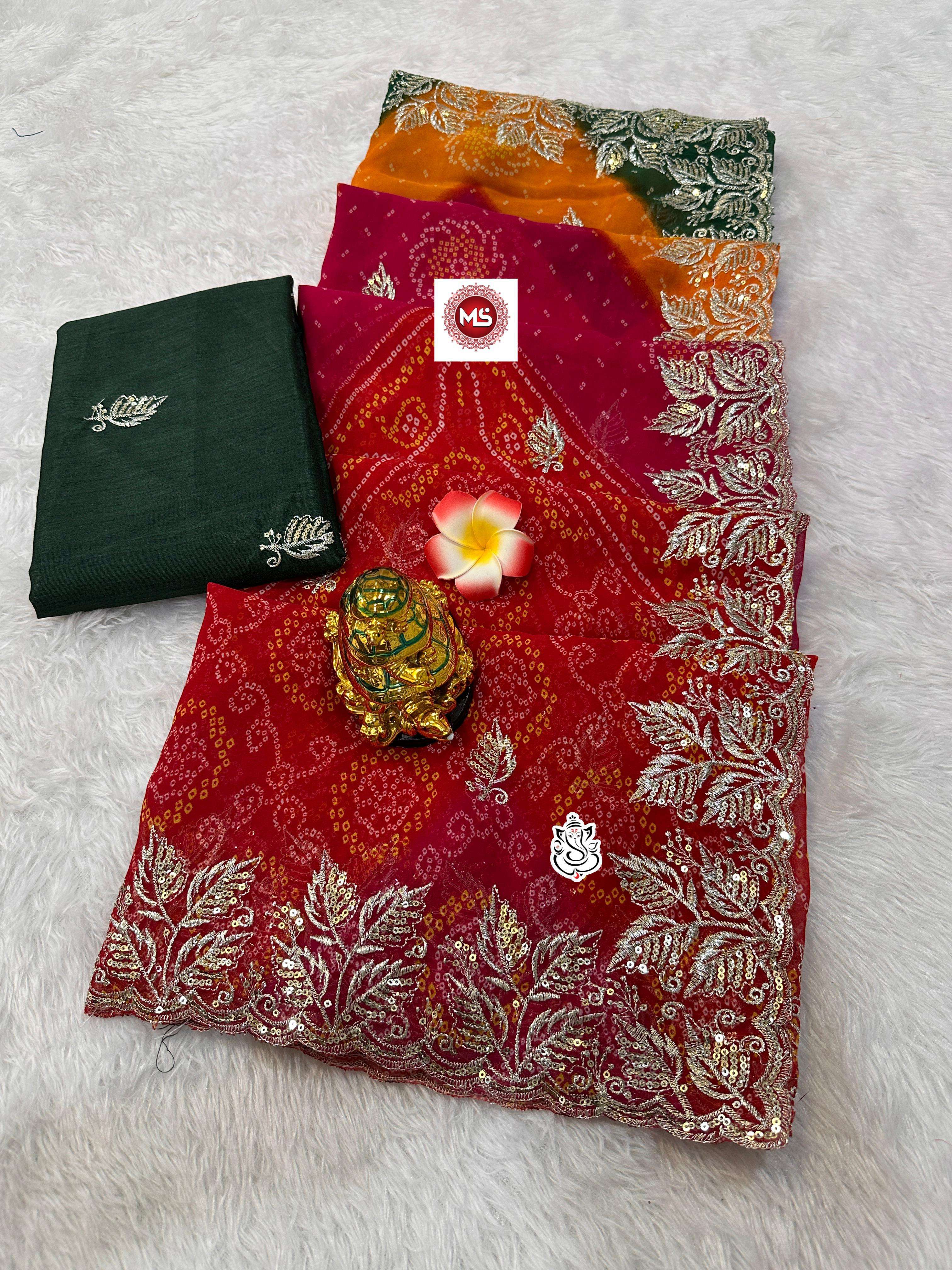 MS BRAND soft georgette  bhandhini print saree with heavy c-pallu seqance zari work