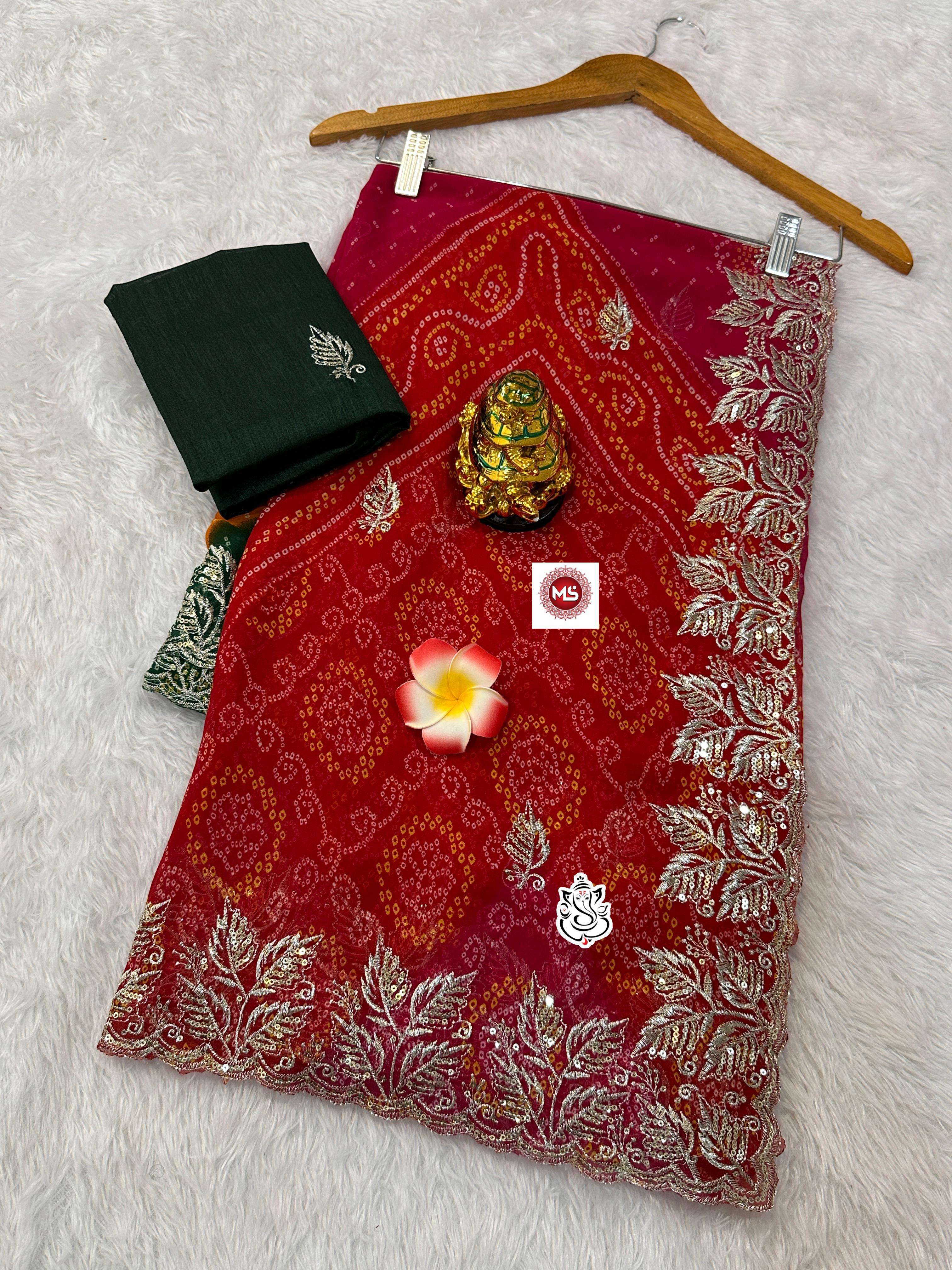 MS BRAND soft georgette  bhandhini print saree with heavy c-pallu seqance zari work