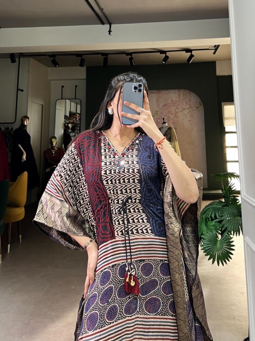 nnk3022 viscose zari border mirror work readymade kaftan kurtis