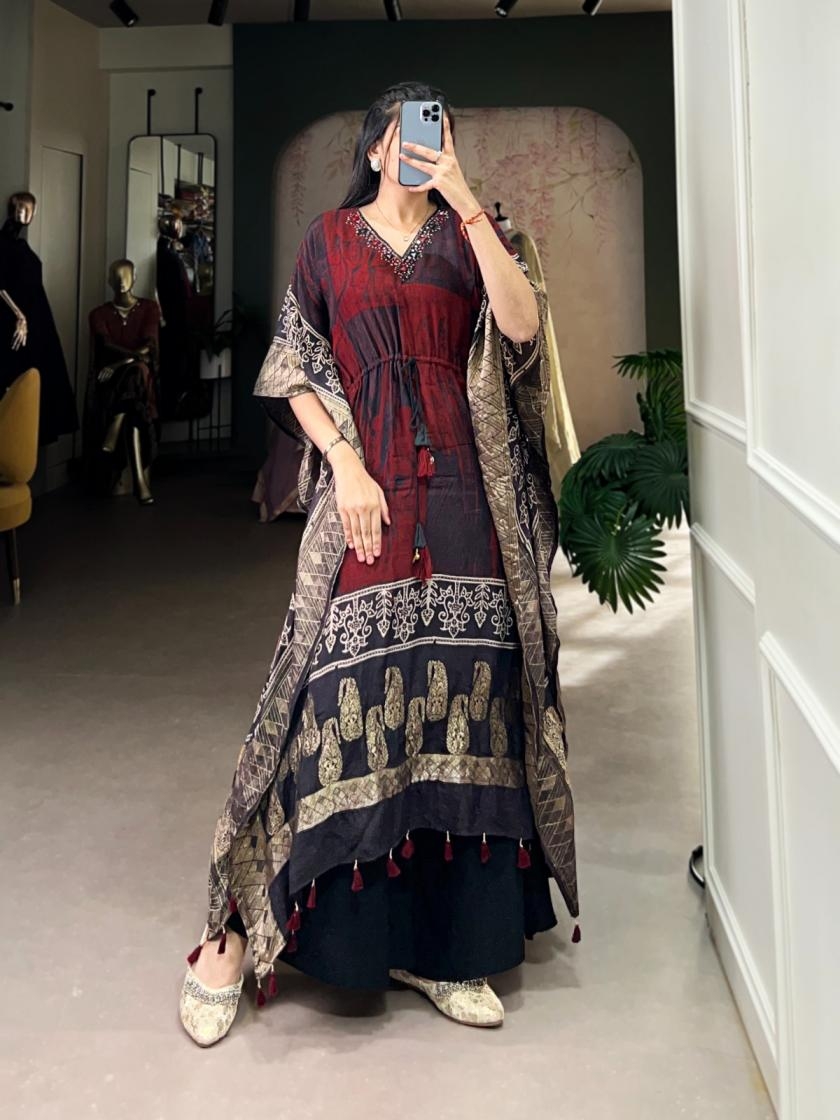 nnk3022 viscose zari border mirror work readymade kaftan kurtis