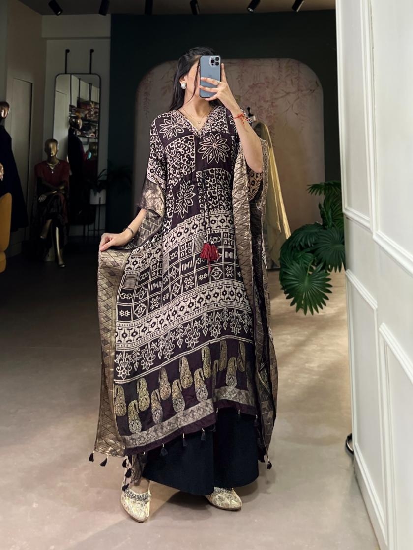 nnk3022 viscose zari border mirror work readymade kaftan kurtis