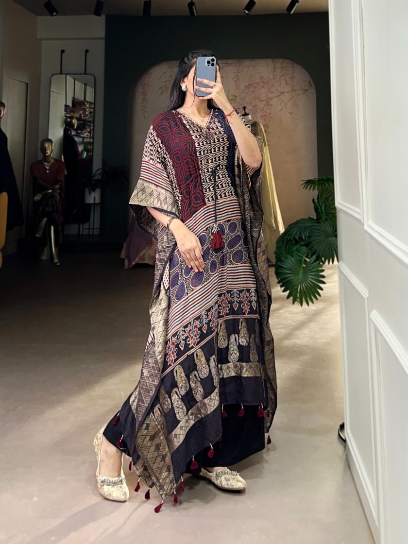 nnk3022 viscose zari border mirror work readymade kaftan kurtis