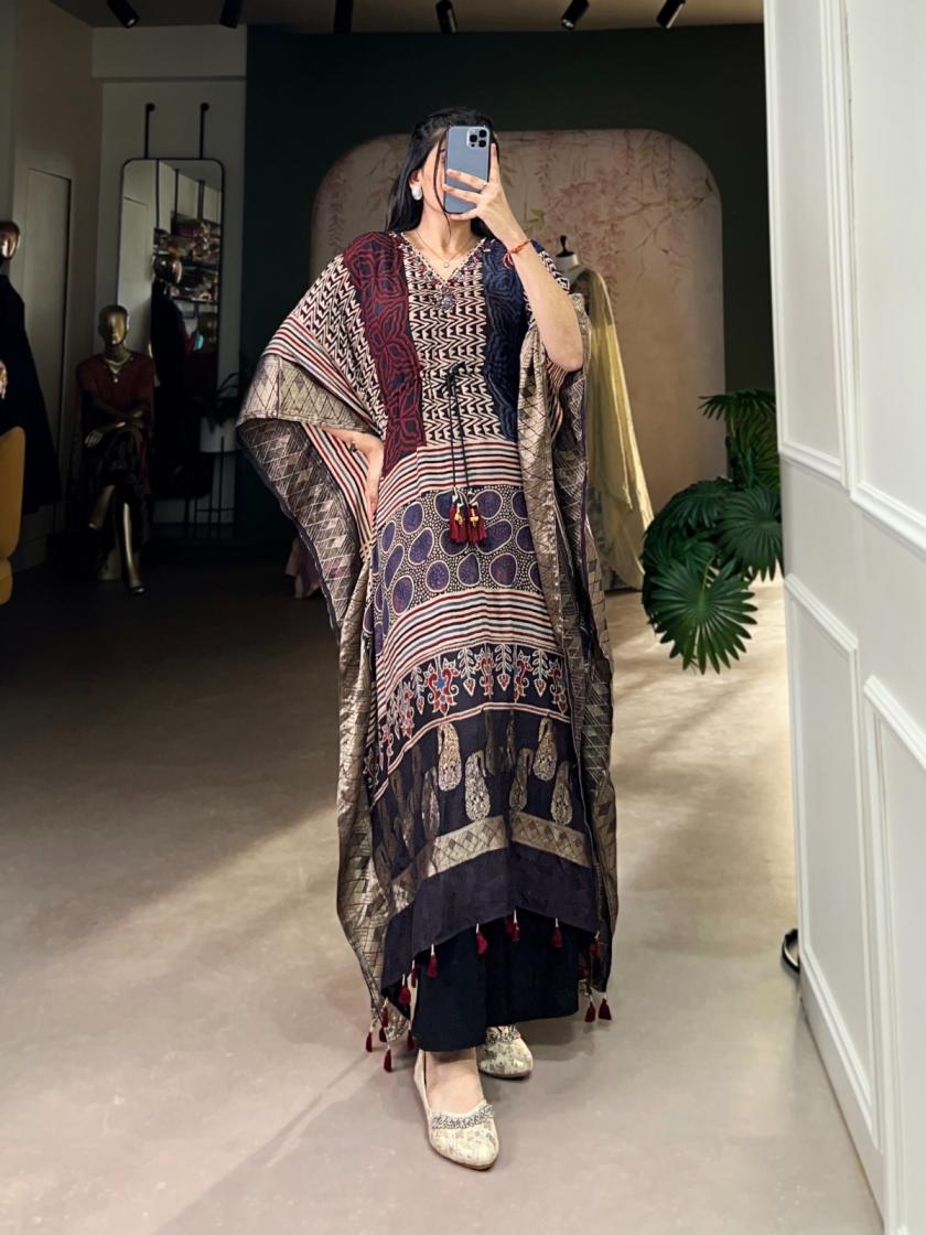 nnk3022 viscose zari border mirror work readymade kaftan kurtis