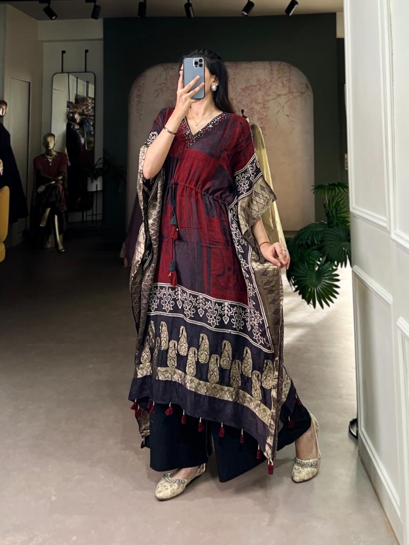 nnk3022 viscose zari border mirror work readymade kaftan kurtis