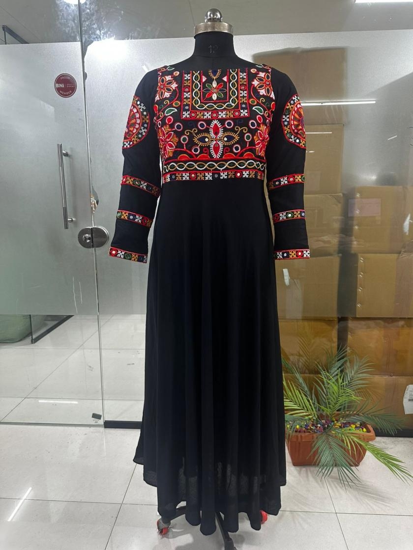 PR 9STAR FASHION NAVRATRI RAYON WITH THREAD WORK & MIRROR WORK  KURTI