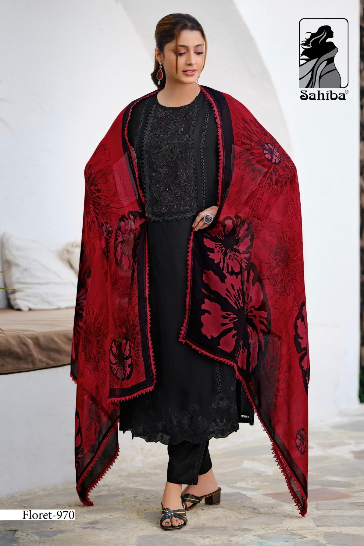 sahiba floret ORGANZA SILK DYED WITH EMBROIDERY HAND WORK wholesale suit 